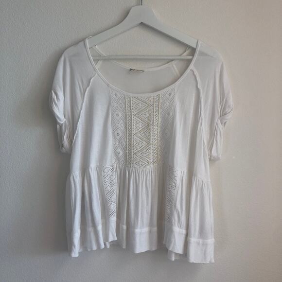 Free People white beaded tribal boho short sleeve babydoll oversized blouse S - Picture 1 of 4